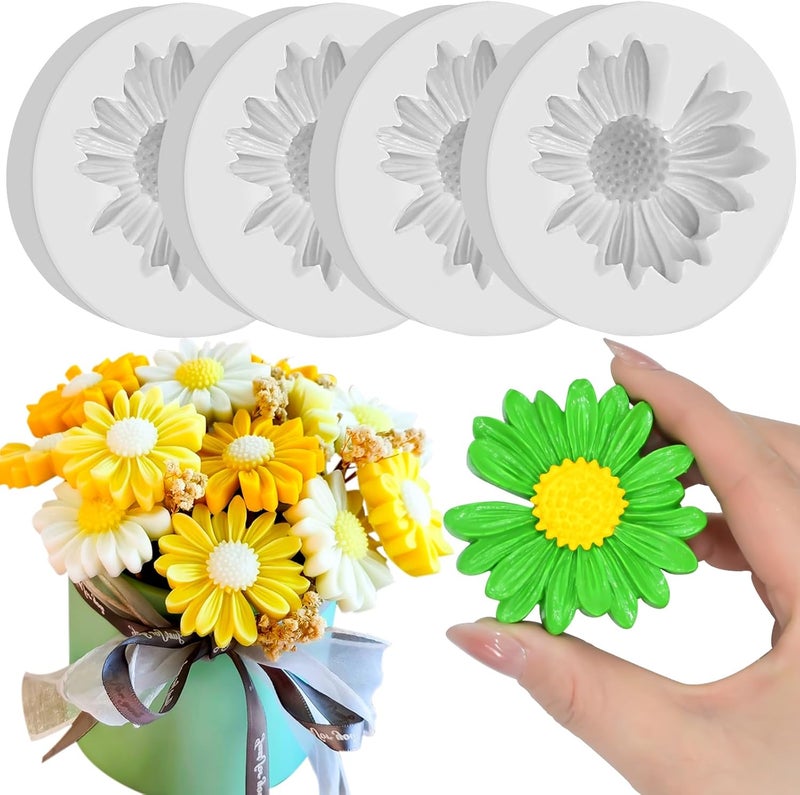 ZQYSING 4 Pcs Daisy Flower Silicone Molds for Candles, 3D Flower Fondant Chocolate Cake Cupcake Topper Decoration Mold, DIY Tealight Candle Soap Wax Epoxy Resin Concrete Casting Polymer Clay Craft - Image 1